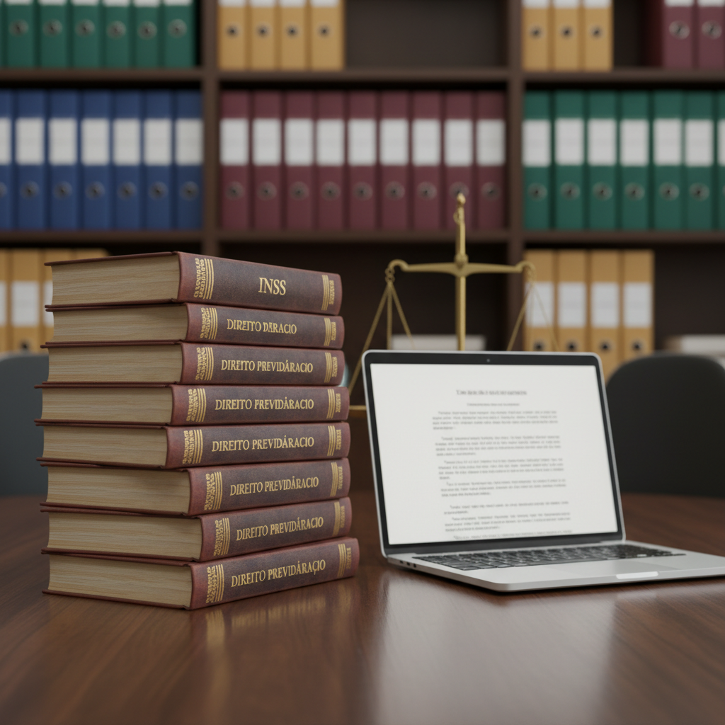 A close-up of a dark wooden conference table with a stack of well-used social security law books, their spines labeled with “INSS” and “Direito Previdenciário”, next to a sleek silver laptop showing a blurred legal document on screen. A classic brass scale of justice stands slightly behind, its balanced plates catching soft, warm office lighting from an overhead source. The background fades into a subtle bokeh of shelves containing organized binders and official-looking folders. Photographic realism, shot from a slightly elevated angle, with precise, crisp focus on the books and laptop. The mood is confident and reliable, suggesting meticulous preparation and 15 years of technical expertise supporting the client’s retirement and benefits.