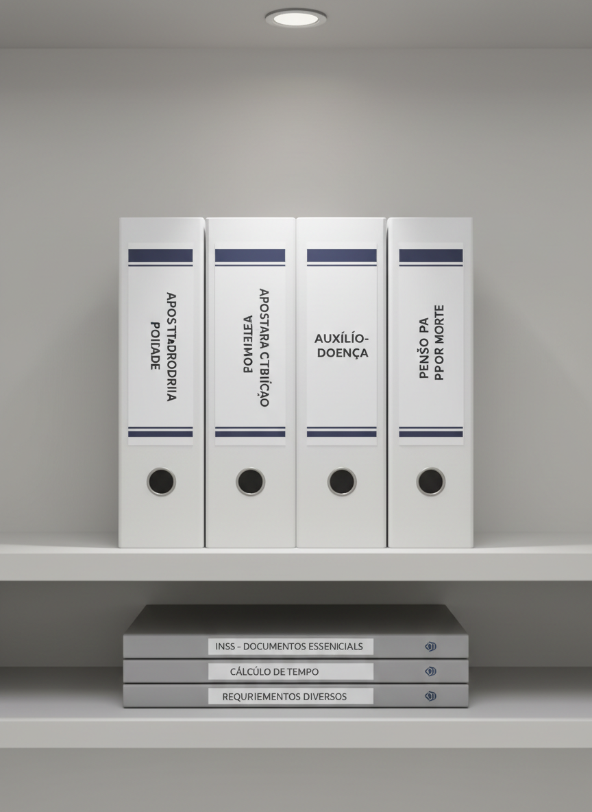 A minimalist, modern office shelf displaying a sequence of labeled binders and dossiers dedicated to different previdenciário cases: “Aposentadoria por Idade”, “Aposentadoria por Tempo de Contribuição”, “Auxílio-Doença”, and “Pensão por Morte”. Each binder is clean, with crisp white labels and orderly typography. Subtle accents of navy blue and gray echo a professional brand palette. Soft, neutral ambient lighting from a ceiling fixture creates a calm, even illumination with delicate shadows behind the binders. Photographic realism with eye-level, straight-on composition and sharp focus throughout. The mood is orderly, methodical, and trustworthy, illustrating the structured, detail-oriented approach behind securing INSS benefits without stress.