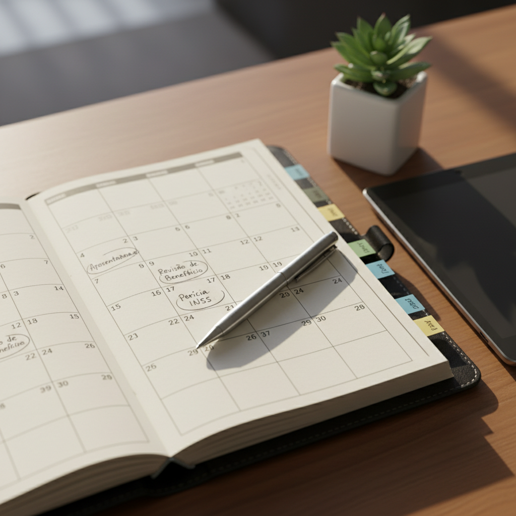 A detailed close-up of a dark leather-bound planner opened to a monthly calendar, with dates carefully marked for “Aposentadoria”, “Revisão de Benefício”, and “Perícia INSS” written in tidy handwriting. A slim, metal pen lies diagonally across the page, and color-coded sticky tabs protrude from the edges of the planner. The planner rests on a tidy office table next to a small potted plant and a closed tablet device. Soft, indirect afternoon light from a window creates a warm, reassuring atmosphere and gentle shadows. Photographic realism, captured from a slightly angled top view with shallow depth of field, emphasizing organization, foresight, and strategic planning in previdenciário law practice.
