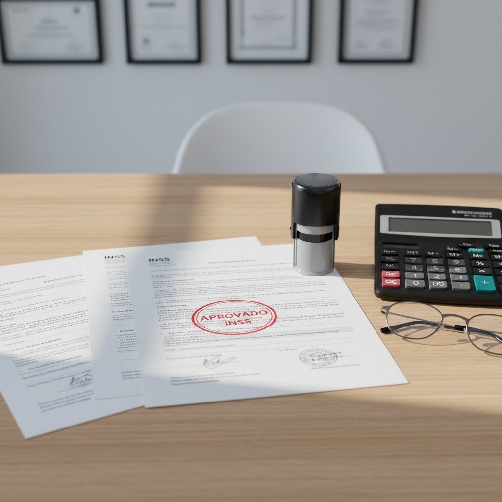 An orderly arrangement of official-looking INSS benefit forms neatly spread across a light oak desk, with a stamped approval document prominently placed in the center. A rubber stamp with faint ink residue rests nearby, along with a high-quality black calculator and a pair of reading glasses folded with care. Soft, cool daylight enters from the left, creating subtle shadows and highlighting the texture of the paper and the embossed seals. The background is softly blurred, hinting at a minimalist office with white walls and framed certificates. Photographic realism, shot from above in a clean, balanced composition, conveying precision, clarity, and the feeling of having complex bureaucracy handled with calm efficiency.